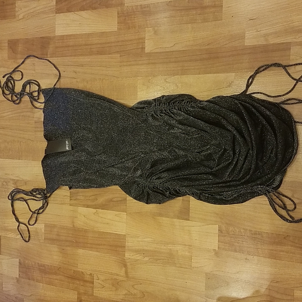 Nasty Gal Shimmer of Hope Cowl Mini Dress Ruching Draw String Metallic Black 4